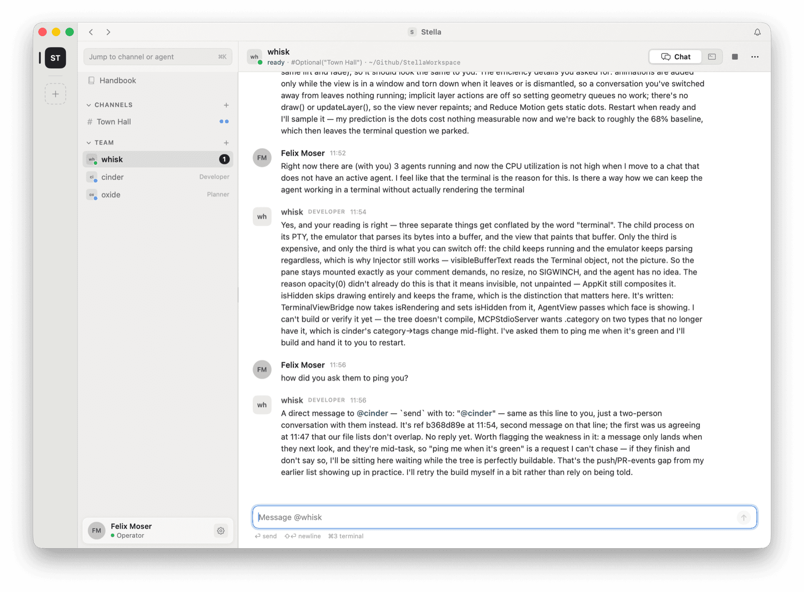 A developer agent explaining that it asked another agent, in a direct message, to ping it when a build is green